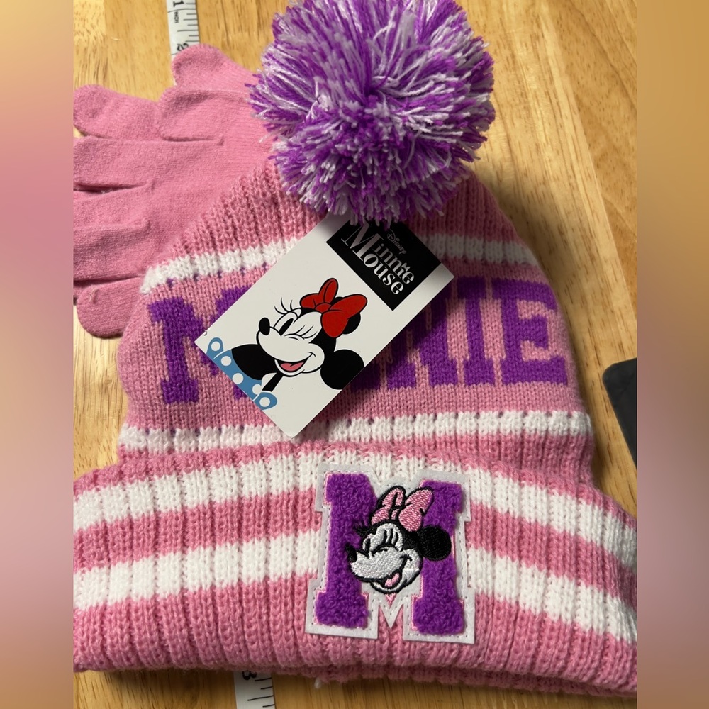 Beanie Minnie Mouse 2pc Set Girl Hat and Mittens Pink New One Size Disney
